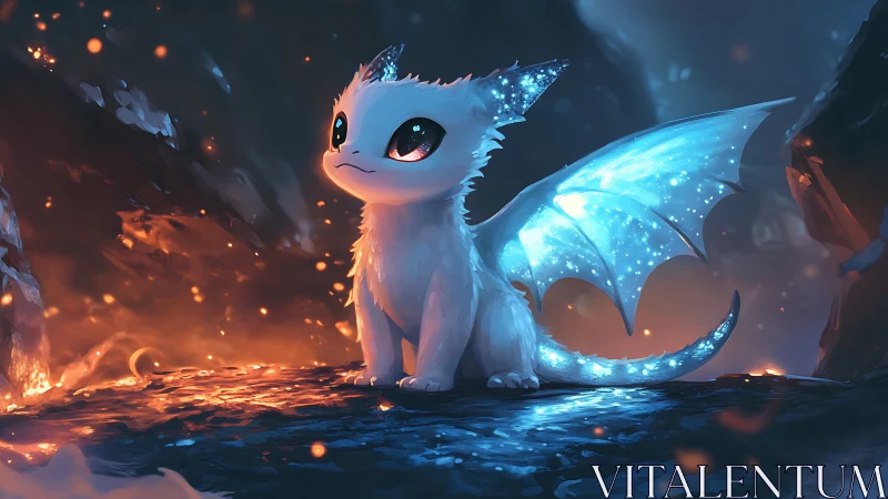 Starlit baby dragon glows over ember-lit volcanic night.