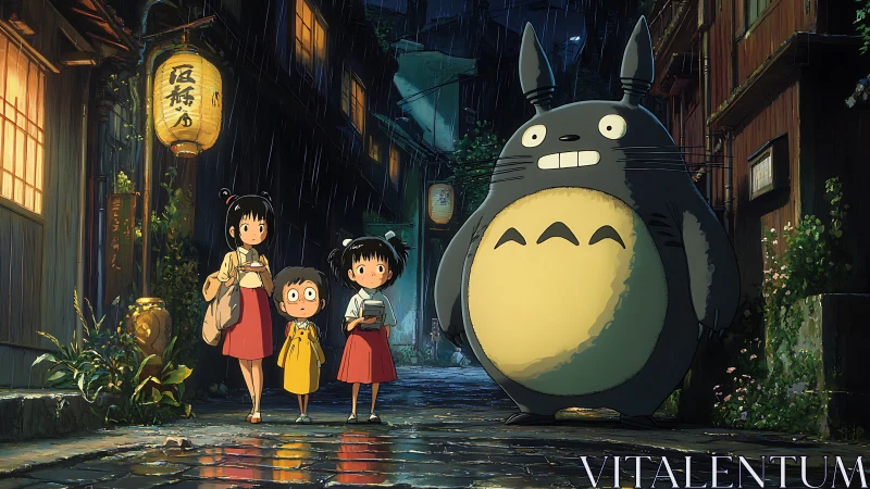 Nocturnal alley convergence of rainlit children and forest avatar.