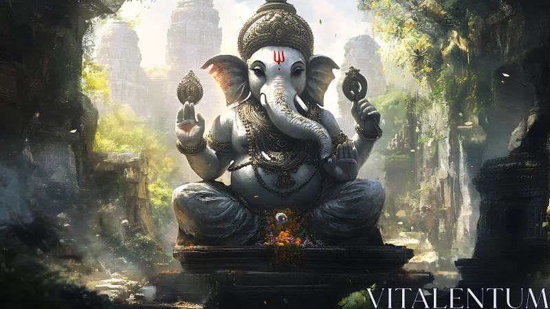 Elephant sage of stone temples amid sunlit jungle hush.