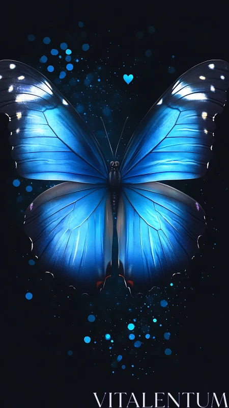 Luminous blue butterfly spreads glowing wings in gentle night