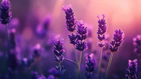 Purple Lavender Flowers in Golden Sunlight.