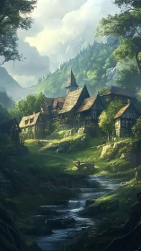 Sunlit medieval valley village beside winding streamscape.