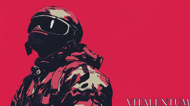 Tactical soldier silhouette set against bold crimson backdrop.
