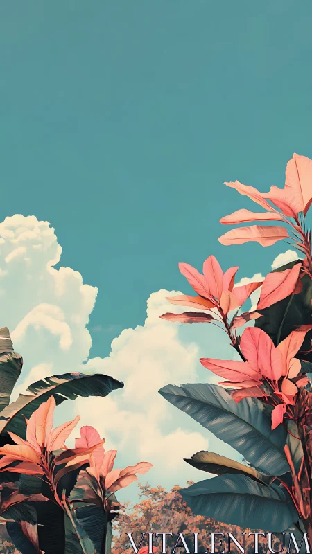 Tropical foliage reaches toward a calm teal summer sky