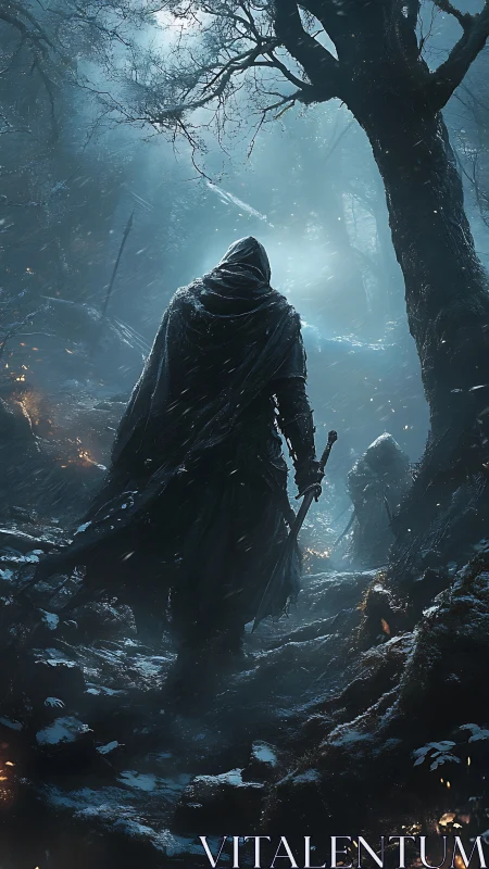 Cloaked wanderer climbs frozen forest path toward misty light