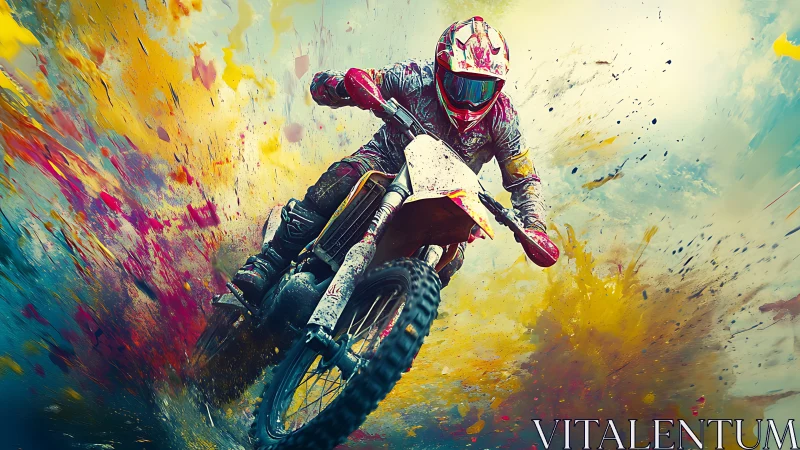 Digital motocross racer smashing through color explosion.