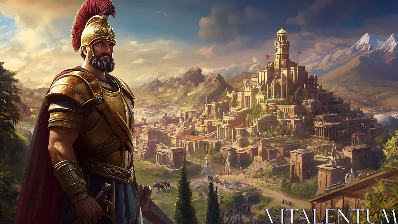 Armored soldier overlooks fortified classical hilltop city