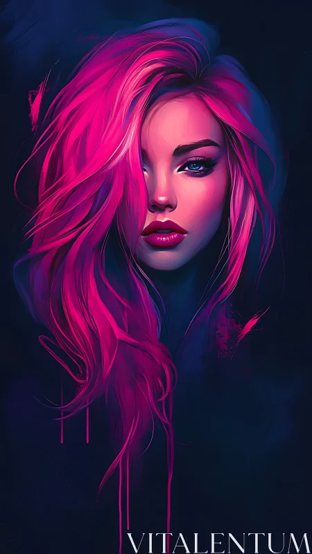 Digital portrait of woman with neon pink hair on dark field.