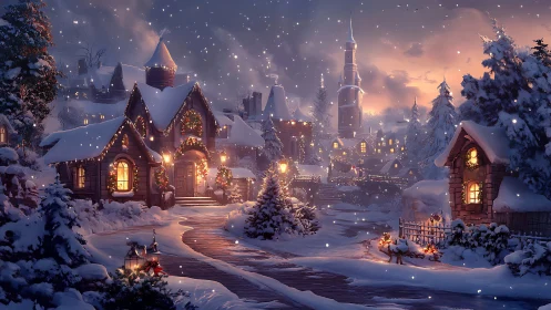 Snow laden village street illuminated by warm festive lighting