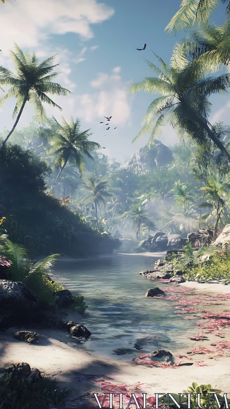 Tropical River Canyon with Palm Trees and Flying Birds.