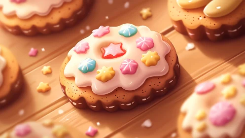 Decorated cookie with pink icing and colorful fondant embellishments