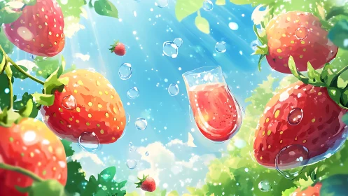 Sunlit strawberries and juice sparkle in a refreshing sky scene