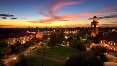 University campus quadrangle at sunset with clock tower.