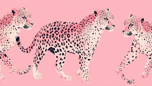 Triadic leopard figures rendered against pink chromatic background.