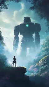 Sword‑wielding figure confronts giant robot in misty forest