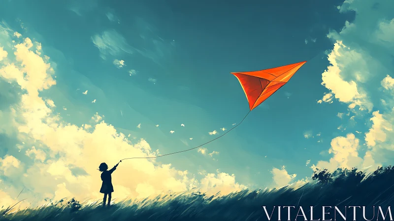 Child silhouette flying bright orange kite at dusk sky.