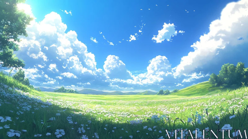 Panoramic anime meadow with volumetric clouds and wide-depth lighting