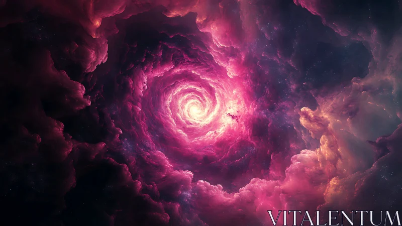 Radiant magenta nebula vortex forms luminous spiral core