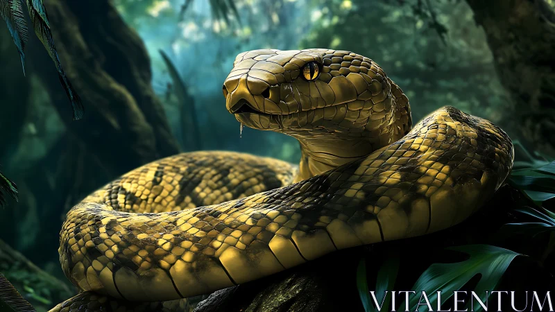 Gilded jungle serpent coiled in patient emerald shadow.