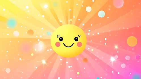 Smiling kawaii sun beam dances through candy sunrise.