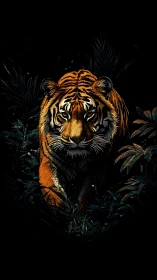 Tiger emerging from dense foliage in low light environment.