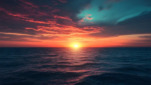 Hyperreal seascape captures low-horizon sunset with vivid chroma