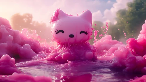 Pink slime cat sculpture erupts in glowing sunset pool.
