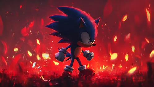 Blue hedgehog hero in fiery red glowing battlefield scene.