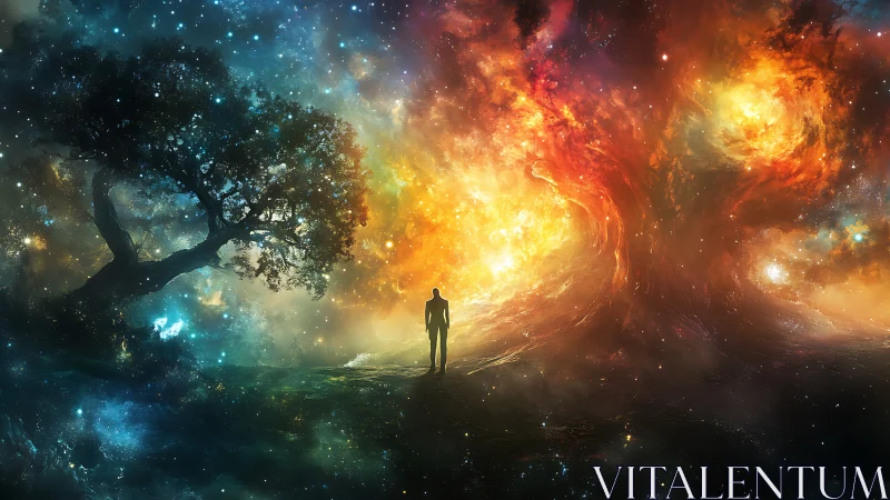 Stargazer Between Cosmic Tree Shadows and Firelit Skies.