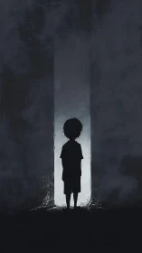 Silhouetted child stands before narrow doorway of light