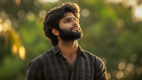 Bearded young man in golden hour outdoor portrait, shallow depth