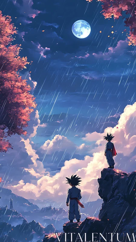 Two young warriors watch a rainy moonlit sky in silence