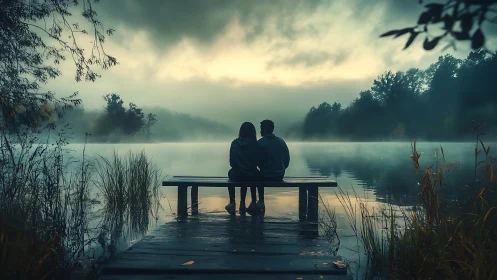 Two Figures on Wooden Dock at Misty Dawn Lake.