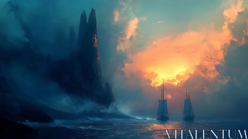 Luminous tempest horizon with twin sailing silhouettes at sea.