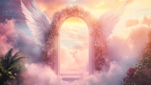 Radiant angelic gate floats amid luminous pastel clouds.