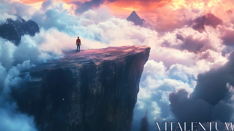 Solitary dreamer balances on a cliff between burning skies