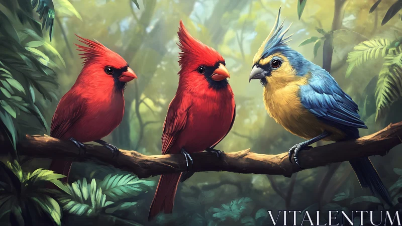 Two Red Cardinals and Blue-Yellow Bird on Branch in Lush Forest, Realistic Art.