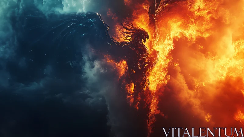 Elemental fire deity within bifurcated storm cloud field.