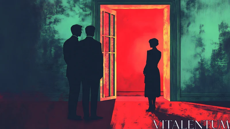 Silhouetted figures at red threshold in cyan interior corridor.