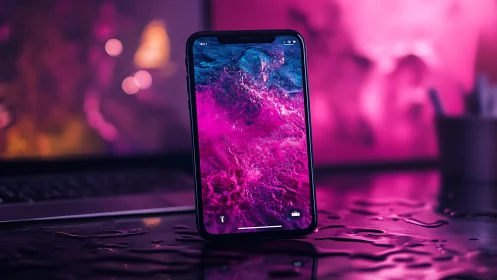 Neon tide surges through a glossy smartphone nightscape.
