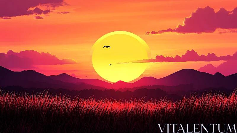 Digital painting sunset with silhouetted hills and grasses.