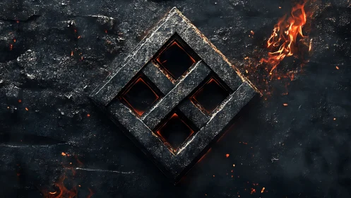 Geometric Symbol Ablaze in Fire and Stone.