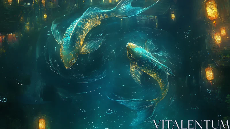 Glowing koi fish circle through lantern-lit midnight waters.