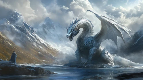 White dragon towers over lone figure in icy mountain valley.