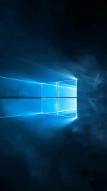 Glowing window icon projects neon beams through digital mist.