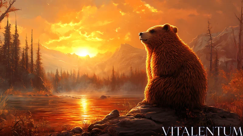 Gentle bear enjoying a glowing sunset by a quiet lake.