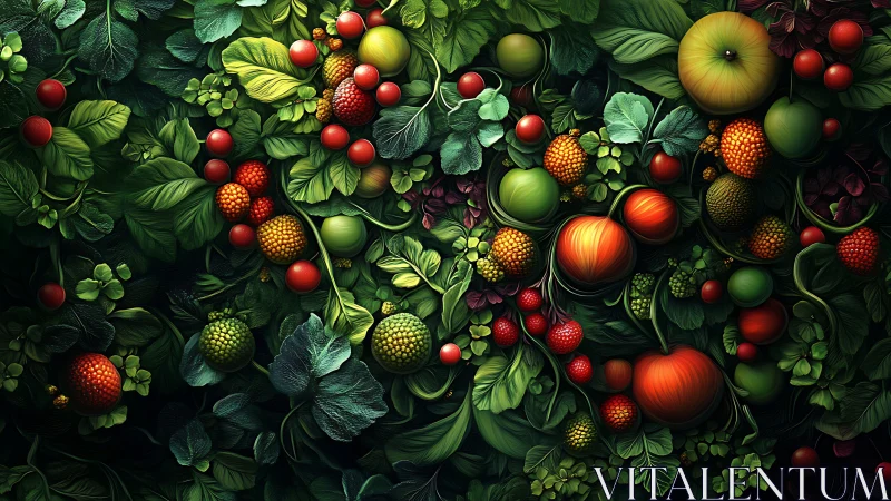 Colorful digital still life of mixed fruits in dense leaves.