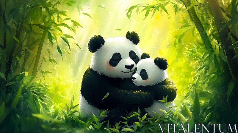 Mother panda cuddling cub in lush bamboo forest scene.