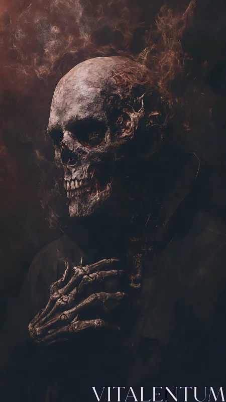 Skeletal figure in dark cloak with smoking, damaged skull