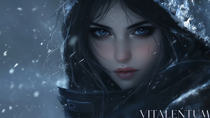 Woman&rsquo;s intense face framed by hood amid digital snowfall